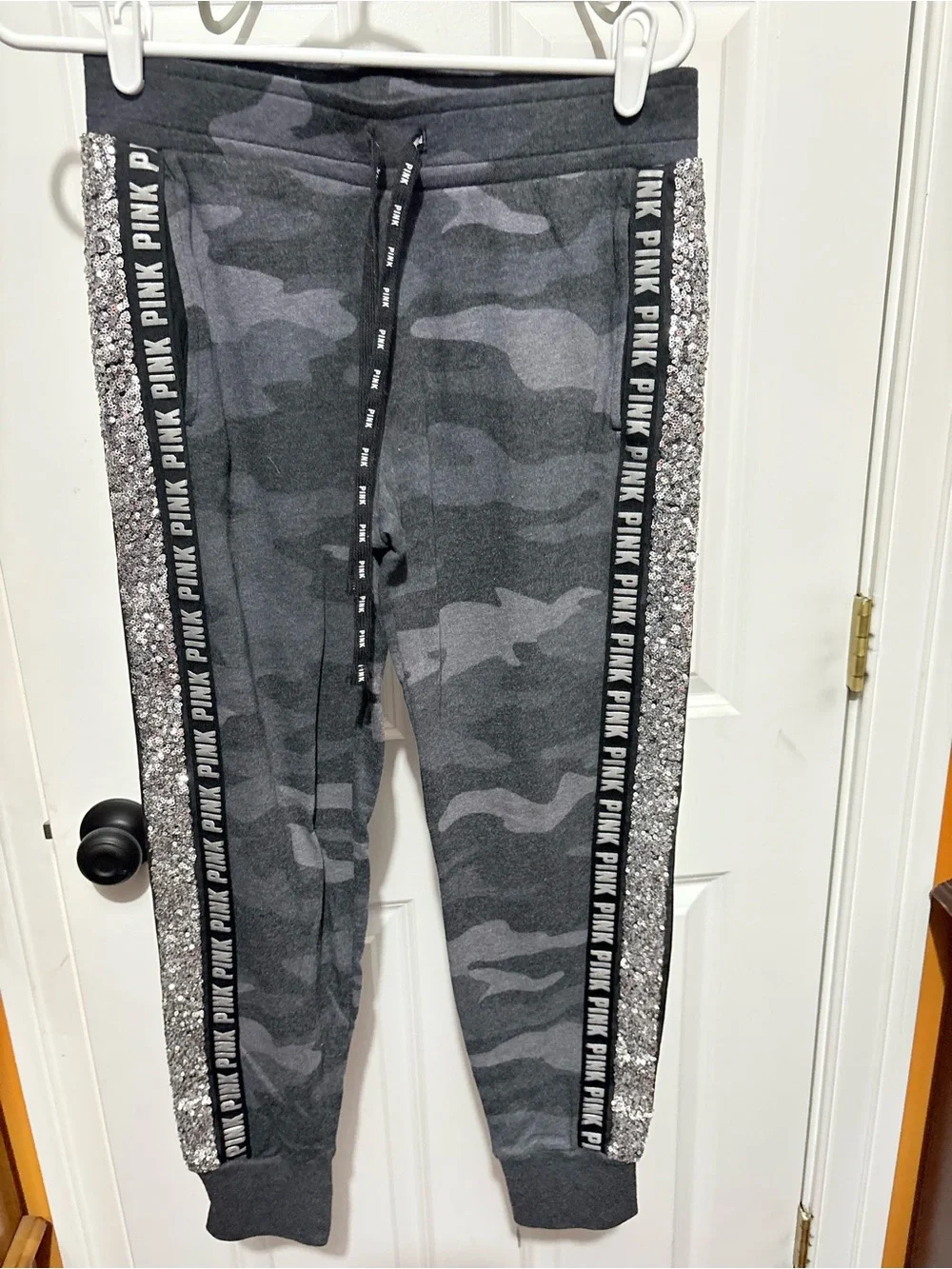 Rare Victoria’s Secret PINK Gray Camo Zip Hoodie & Joggers with Sequin Stripe